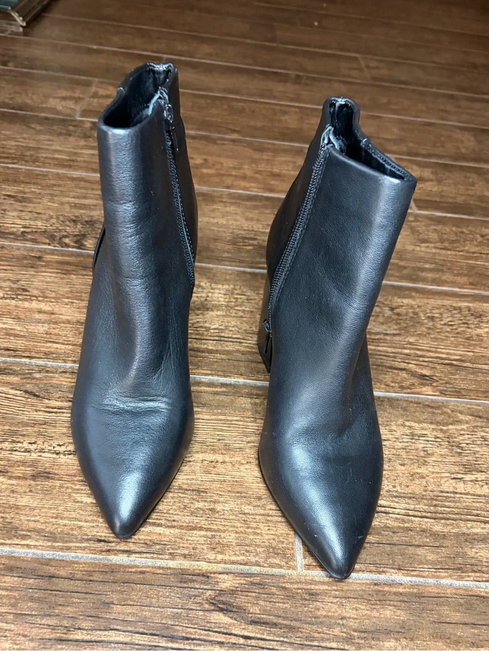 Steve Madden Black Pointed Toe Leather Ankle Boots with Block Heel